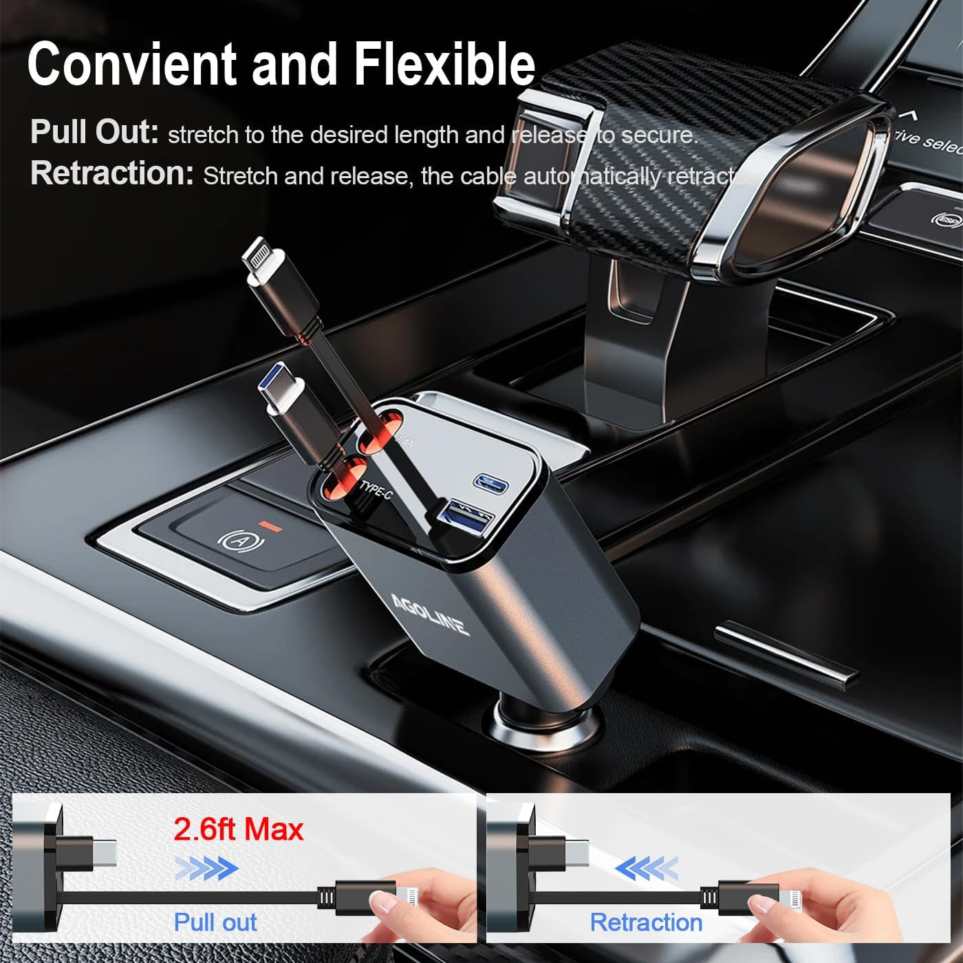 4 in 1 Retractable Car Charger,Smaller Super Fast Charger with Retractable Cords, Car Charger Fast Charging,Usb C Charger Adpater Compatible with Iphone 16 15 14 13 Pro Max,Galaxy,Pixel